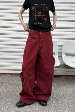 Deconstructed Red Work Pants for Women, Loose Draped American Retro Wide-Leg Denim Trousers, Y2K Style
