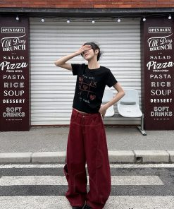 Deconstructed Red Work Pants for Women, Loose Draped American Retro Wide-Leg Denim Trousers, Y2K Style