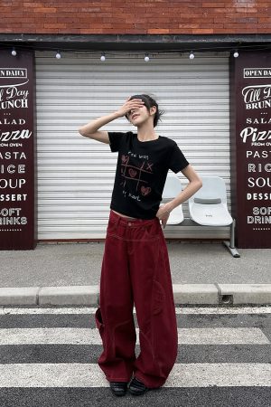 Deconstructed Red Work Pants for Women, Loose Draped American Retro Wide-Leg Denim Trousers, Y2K Style
