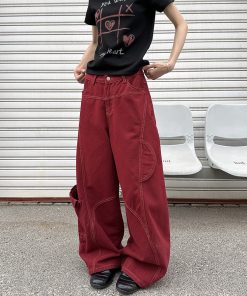 Deconstructed Red Work Pants for Women, Loose Draped American Retro Wide-Leg Denim Trousers, Y2K Style
