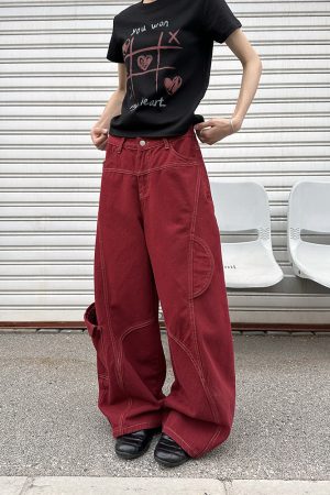 Deconstructed Red Work Pants for Women, Loose Draped American Retro Wide-Leg Denim Trousers, Y2K Style