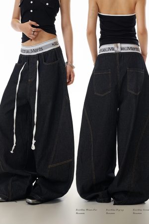 Deconstructed Spliced Silhouette Curved Blade Jeans - Women's Trendy Straight-Leg Wide-Leg Trousers for American High Street Style