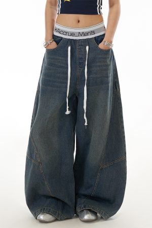 Deconstructed Spliced Silhouette Curved Blade Jeans - Women's Trendy Straight-Leg Wide-Leg Trousers for American High Street Style