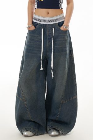 Deconstructed Spliced Silhouette Curved Blade Jeans - Women's Trendy Straight-Leg Wide-Leg Trousers for American High Street Style
