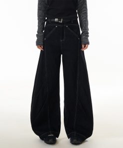 Deconstructed Straight-Leg Jeans for Women - American Style Wide-Leg Pants with Curved Knife Silhouette, Trendy Casual Fashion