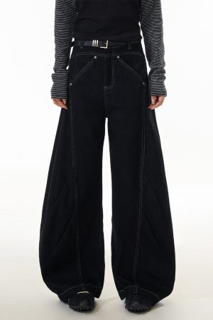 Deconstructed Straight-Leg Jeans for Women - American Style Wide-Leg Pants with Curved Knife Silhouette, Trendy Casual Fashion