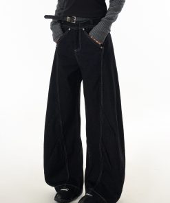 Deconstructed Straight-Leg Jeans for Women - American Style Wide-Leg Pants with Curved Knife Silhouette, Trendy Casual Fashion