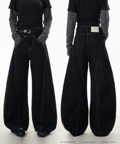 Deconstructed Straight-Leg Jeans for Women - American Style Wide-Leg Pants with Curved Knife Silhouette, Trendy Casual Fashion