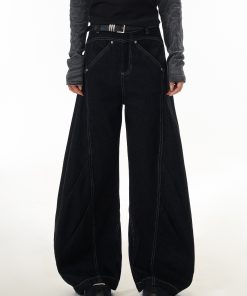 Deconstructed Straight-Leg Jeans for Women - American Style Wide-Leg Pants with Curved Knife Silhouette, Trendy Casual Fashion
