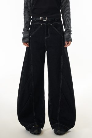 Deconstructed Straight-Leg Jeans for Women - American Style Wide-Leg Pants with Curved Knife Silhouette, Trendy Casual Fashion