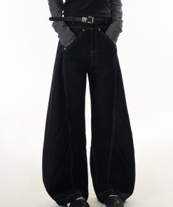 Deconstructed Straight-Leg Jeans for Women - American Style Wide-Leg Pants with Curved Knife Silhouette, Trendy Casual Fashion