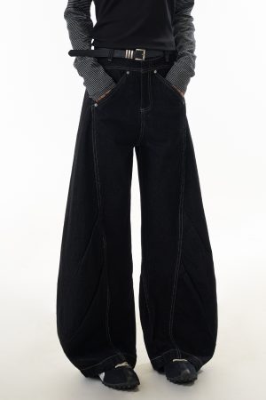 Deconstructed Straight-Leg Jeans for Women - American Style Wide-Leg Pants with Curved Knife Silhouette, Trendy Casual Fashion