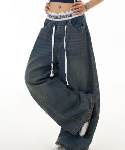 Deconstructed Wide-Leg Flared Jeans for Women, Vintage Water-Washed Look, Slimming Fit, Floor-Length, Y2K Inspired Fashion