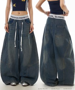 Deconstructed Wide-Leg Flared Jeans for Women, Vintage Water-Washed Look, Slimming Fit, Floor-Length, Y2K Inspired Fashion