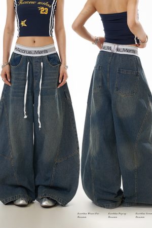 Deconstructed Wide-Leg Flared Jeans for Women, Vintage Water-Washed Look, Slimming Fit, Floor-Length, Y2K Inspired Fashion