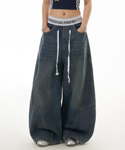 Deconstructed Wide-Leg Flared Jeans for Women, Vintage Water-Washed Look, Slimming Fit, Floor-Length, Y2K Inspired Fashion