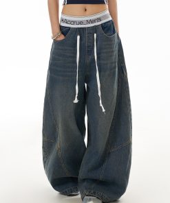 Deconstructed Wide-Leg Flared Jeans for Women, Vintage Water-Washed Look, Slimming Fit, Floor-Length, Y2K Inspired Fashion