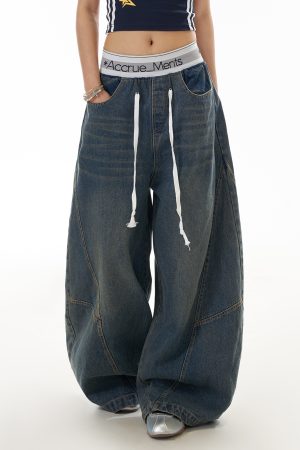 Deconstructed Wide-Leg Flared Jeans for Women, Vintage Water-Washed Look, Slimming Fit, Floor-Length, Y2K Inspired Fashion
