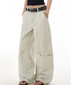 Deconstructed Wide-Leg Work Pants for Women - Spliced Casual Trousers, Versatile American Streetwear Style