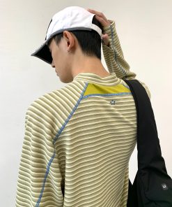 Decorative Striped Long Sleeve T-Shirt for Autumn/Winter - Crew Neck, Small Fit, 90s Inspired, Unique Roaring Beast Design