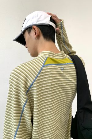 Decorative Striped Long Sleeve T-Shirt for Autumn/Winter - Crew Neck, Small Fit, 90s Inspired, Unique Roaring Beast Design