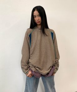 Decorative Striped Long Sleeve T-Shirt for Autumn/Winter - Crew Neck, Small Fit, 90s Inspired, Unique Roaring Beast Design