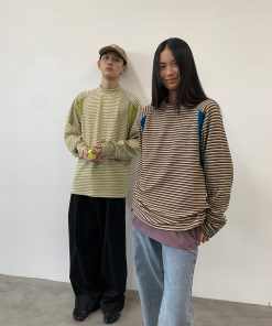 Decorative Striped Long Sleeve T-Shirt for Autumn/Winter - Crew Neck, Small Fit, 90s Inspired, Unique Roaring Beast Design