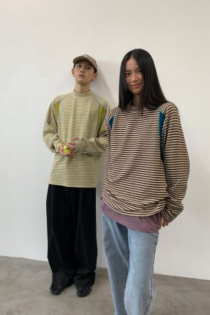 Decorative Striped Long Sleeve T-Shirt for Autumn/Winter - Crew Neck, Small Fit, 90s Inspired, Unique Roaring Beast Design