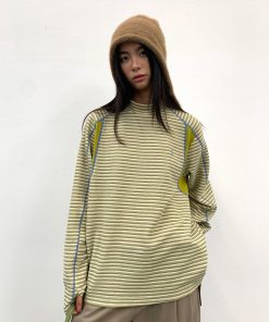 Decorative Striped Long Sleeve T-Shirt for Autumn/Winter - Crew Neck, Small Fit, 90s Inspired, Unique Roaring Beast Design