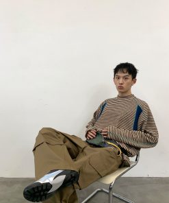 Decorative Striped Long Sleeve T-Shirt for Autumn/Winter - Crew Neck, Small Fit, 90s Inspired, Unique Roaring Beast Design