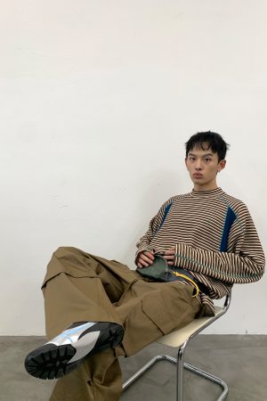 Decorative Striped Long Sleeve T-Shirt for Autumn/Winter - Crew Neck, Small Fit, 90s Inspired, Unique Roaring Beast Design