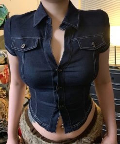 Deep Blue Faux Denim Shirt - American Street Style Spicy Girl Short Top, Pocket Detail, Sexy Slim Fit Workwear, Trendy Y2K Fashion