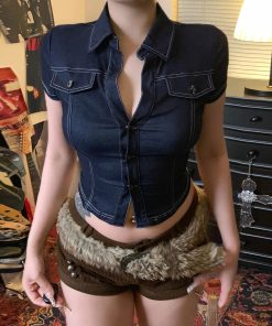 Deep Blue Faux Denim Shirt - American Street Style Spicy Girl Short Top, Pocket Detail, Sexy Slim Fit Workwear, Trendy Y2K Fashion