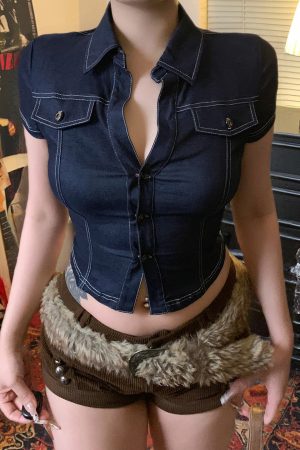 Deep Blue Faux Denim Shirt - American Street Style Spicy Girl Short Top, Pocket Detail, Sexy Slim Fit Workwear, Trendy Y2K Fashion