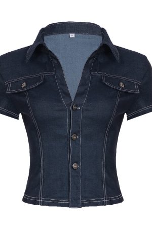 Deep Blue Faux Denim Shirt - American Street Style Spicy Girl Short Top, Pocket Detail, Sexy Slim Fit Workwear, Trendy Y2K Fashion