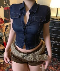 Deep Blue Faux Denim Shirt - American Street Style Spicy Girl Short Top, Pocket Detail, Sexy Slim Fit Workwear, Trendy Y2K Fashion