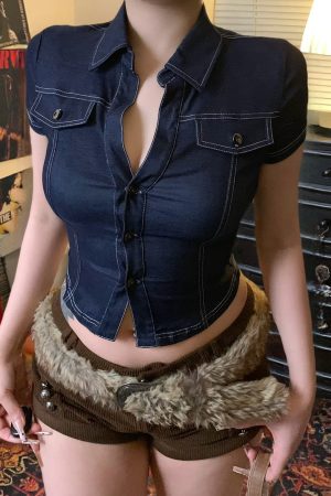 Deep Blue Faux Denim Shirt - American Street Style Spicy Girl Short Top, Pocket Detail, Sexy Slim Fit Workwear, Trendy Y2K Fashion