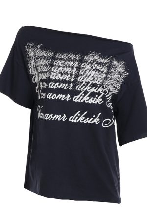 Deep Blue Letter Print Asymmetrical Shoulder Short Sleeve T-Shirt - American Retro 90s Summer Loose Top for Women