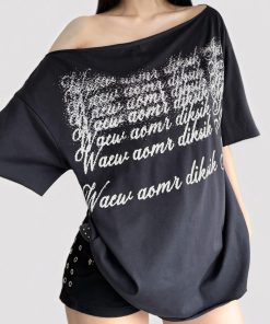 Deep Blue Letter Print Asymmetrical Shoulder Short Sleeve T-Shirt - American Retro 90s Summer Loose Top for Women