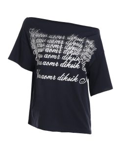 Deep Blue Letter Print Asymmetrical Shoulder Short Sleeve T-Shirt - American Retro 90s Summer Loose Top for Women