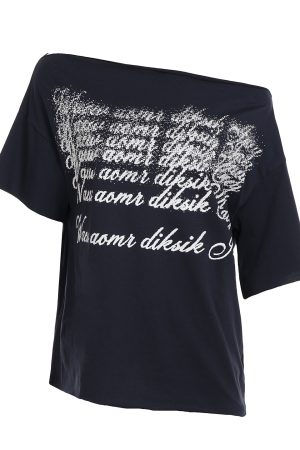 Deep Blue Letter Print Asymmetrical Shoulder Short Sleeve T-Shirt - American Retro 90s Summer Loose Top for Women
