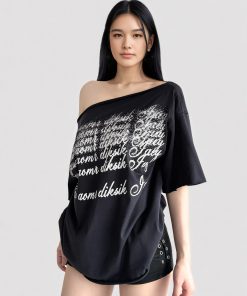 Deep Blue Letter Print Asymmetrical Shoulder Short Sleeve T-Shirt - American Retro 90s Summer Loose Top for Women
