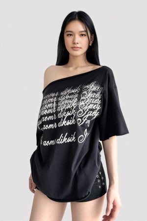 Deep Blue Letter Print Asymmetrical Shoulder Short Sleeve T-Shirt - American Retro 90s Summer Loose Top for Women