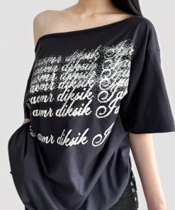 Deep Blue Letter Print Asymmetrical Shoulder Short Sleeve T-Shirt - American Retro 90s Summer Loose Top for Women