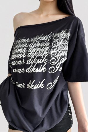 Deep Blue Letter Print Asymmetrical Shoulder Short Sleeve T-Shirt - American Retro 90s Summer Loose Top for Women