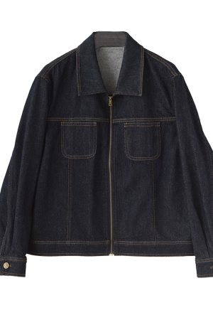 Deep Blue Retro Zip-Up Collar Denim Jacket - Eco-Friendly, Loose Fit, Casual Versatile Style for Effortless 90s-Inspired Fashion