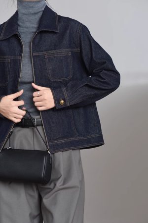 Deep Blue Retro Zip-Up Collar Denim Jacket - Eco-Friendly, Loose Fit, Casual Versatile Style for Effortless 90s-Inspired Fashion