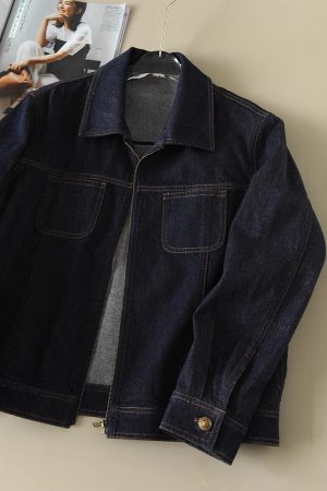 Deep Blue Retro Zip-Up Collar Denim Jacket - Eco-Friendly, Loose Fit, Casual Versatile Style for Effortless 90s-Inspired Fashion