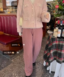 Deep Blue Spot Vintage Loose Wide Leg Cotton Pants in Soft Peach Pink & Baby Blue â€“ Y2K Korean Style Fashion