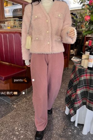 Deep Blue Spot Vintage Loose Wide Leg Cotton Pants in Soft Peach Pink & Baby Blue â€“ Y2K Korean Style Fashion